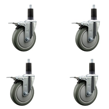Service Caster 5'' Gray Poly Swivel 1-1/4'' Expanding Stem Caster Set Total Lock Brake, 4PK SCC-EXTTL20S514-PPUB-114-4